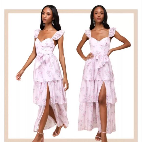 Lulus Dresses & Skirts - NWT-Lulus- Sweetest Emotion Lilac Floral Ruffled Tiered Bustier Midi Dress-small